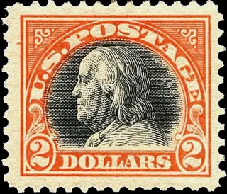 Another photo of the United States 1918 $2 Benjamin Franklin WF stamp