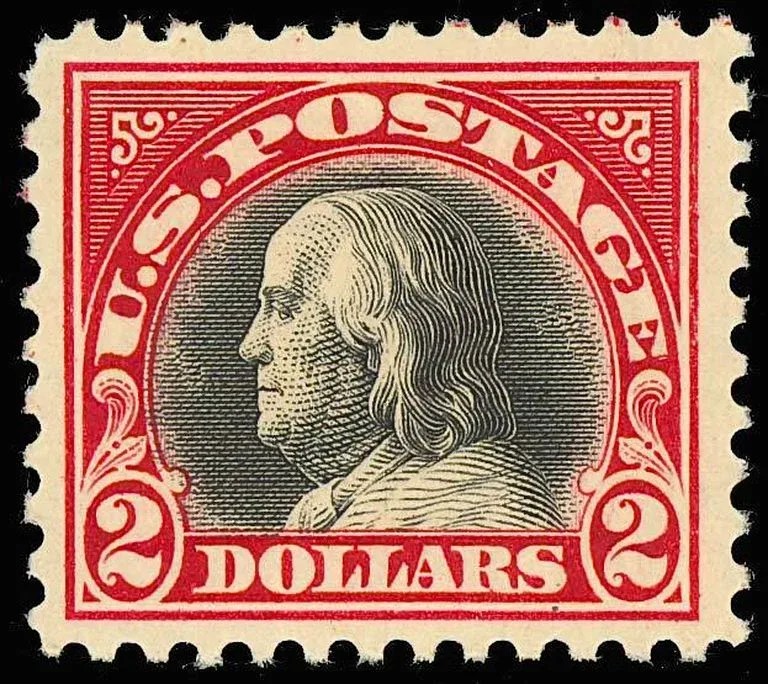 United States 1918 $2 Benjamin Franklin WF stamp, photographed by a collector