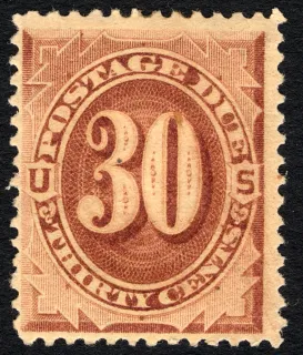 United States 1879 30c 30c Red Brown Postage Due stamp, photographed by a collector