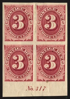 United States 1891 3c 3c Claret Postage Due Plate Block stamp, photographed by a collector