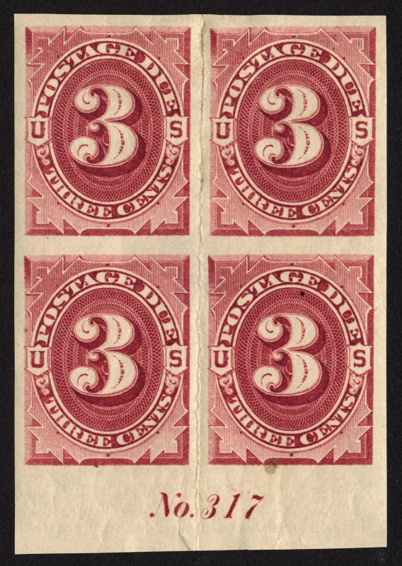 United States 1891 3c 3c Claret Postage Due Plate Block stamp, photographed by a collector