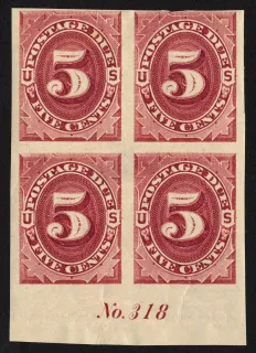 United States 1891 5c Large Numeral Postage Due 5c Imperforate Block stamp, photographed by a collector