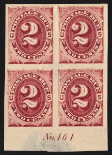 United States 1891 2c 2c Claret Postage Due Plate Block stamp, photographed by a collector