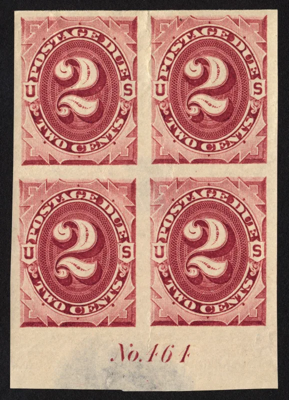 United States 1891 2c 2c Claret Postage Due Plate Block stamp, photographed by a collector
