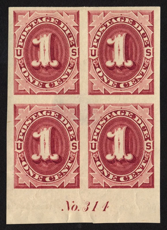 United States 1891 1c 1c Postage Due Claret Plate Block stamp, photographed by a collector