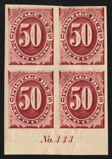 United States 1891 50c 50c Bright Claret Postage Due Imperforate Block stamp, photographed by a collector