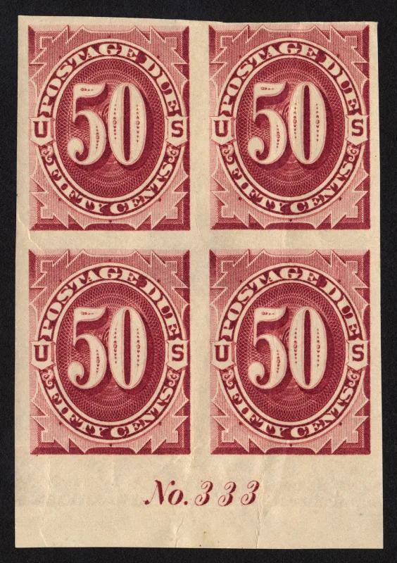 United States 1891 50c 50c Bright Claret Postage Due Imperforate Block stamp, photographed by a collector