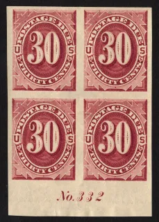 United States 1891 30c 30c Claret Postage Due Imperforate Plate Block stamp, photographed by a collector