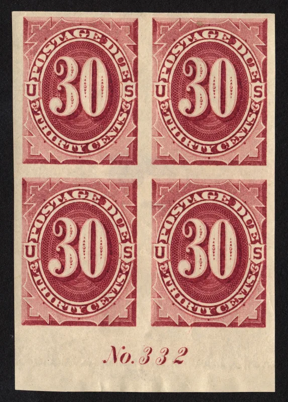 United States 1891 30c 30c Claret Postage Due Imperforate Plate Block stamp, photographed by a collector