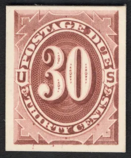 United States 1893 30c 30c Postage Due Brown Plate Proof stamp, photographed by a collector
