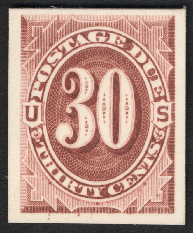 United States 1893 30c 30c Postage Due Brown Plate Proof stamp, photographed by a collector