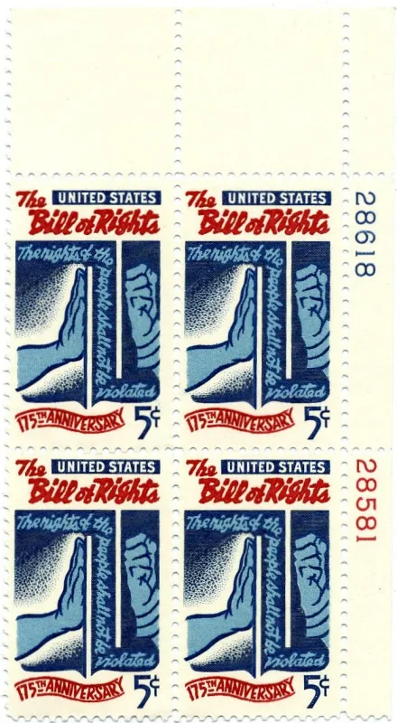 United States 1966 5¢ Bill of Rights Block stamp, photographed by a collector