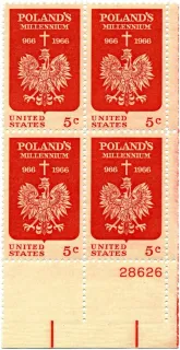 Another photo of the United States 1966 5c PolandMillennium Block stamp