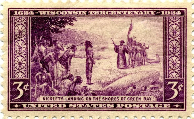 United States 1934 3 cents WisconsinTercentenary stamp, photographed by a collector