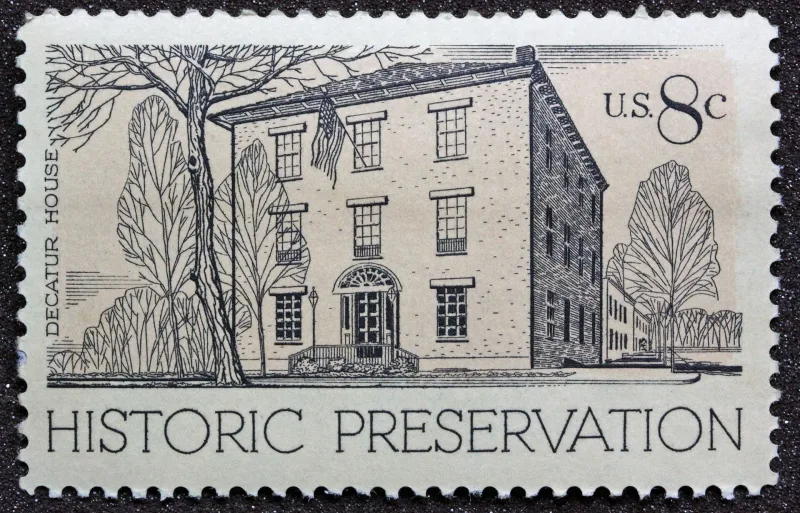 United States 1971 8c Decatur House stamp, photographed by a collector