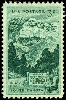 United States 1952 3c Mount Rushmore Monument stamp, photographed by a collector