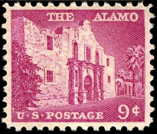 United States 1956 9c Alamo stamp, photographed by a collector