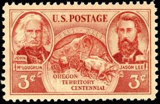 United States 1948 3c Oregon Territory Centennial stamp, photographed by a collector