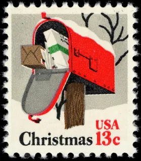United States 1977 13c rural mailbox stamp, photographed by a collector