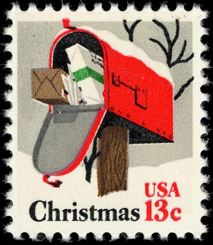 United States 1977 13c rural mailbox stamp, photographed by a collector