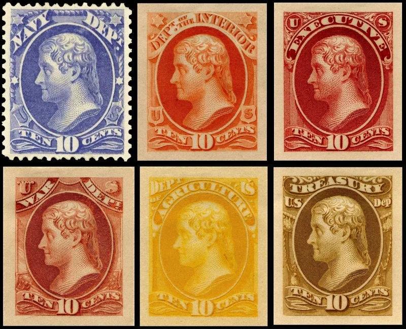 United States 1873 10c Jefferson Navy Dept stamp, photographed by a collector