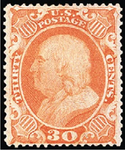 United States 1857 30c Benjamin Franklin 30c Orange 1860 stamp, photographed by a collector