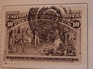 United States 1893 10c Columbus Presenting Natives stamp, photographed by a collector