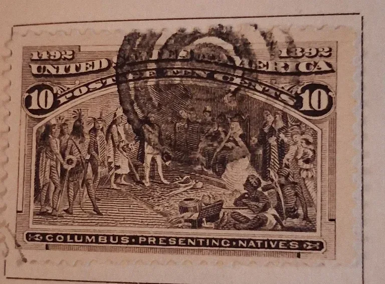 United States 1893 10c Columbus Presenting Natives stamp, photographed by a collector