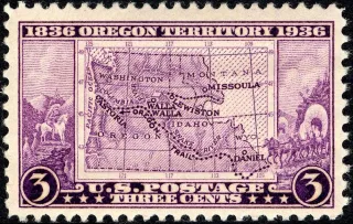 United States 1936 three cents Oregon Territory U.S stamp, photographed by a collector