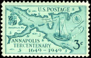 United States 1949 3c Annapolis Tercentenary stamp, photographed by a collector