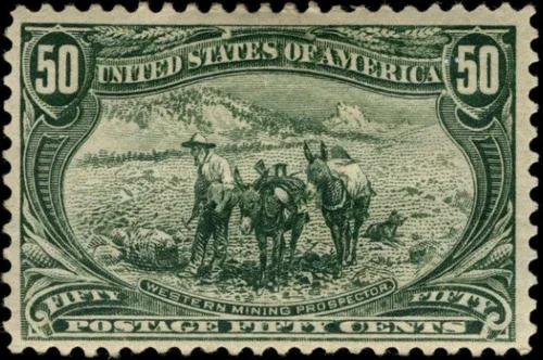 United States 1898 50c Western mining prospector U.S stamp, photographed by a collector
