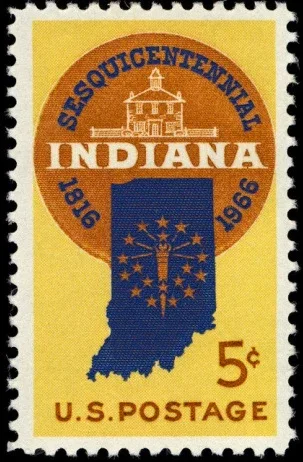 United States 1966 5 cents Indiana statehood U.S stamp, photographed by a collector