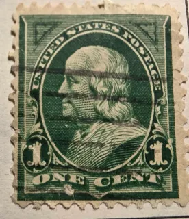 United States 1898 1c Franklin green stamp, photographed by a collector