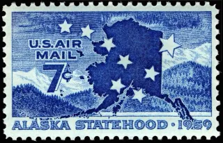United States 1959 7c Alaska Statehood Airmail stamp, photographed by a collector