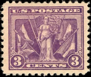 United States 1919 3 cents Victory and flags U.S stamp, photographed by a collector