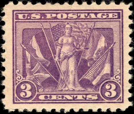 United States 1919 3 cents Victory and flags U.S stamp, photographed by a collector