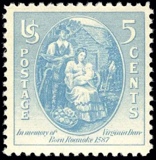 United States 1937 5c Virginia Dare stamp, photographed by a collector