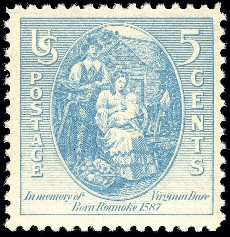 United States 1937 5c Virginia Dare stamp, photographed by a collector