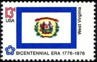 United States 1976 13c West Virginia Bicentennial stamp, photographed by a collector