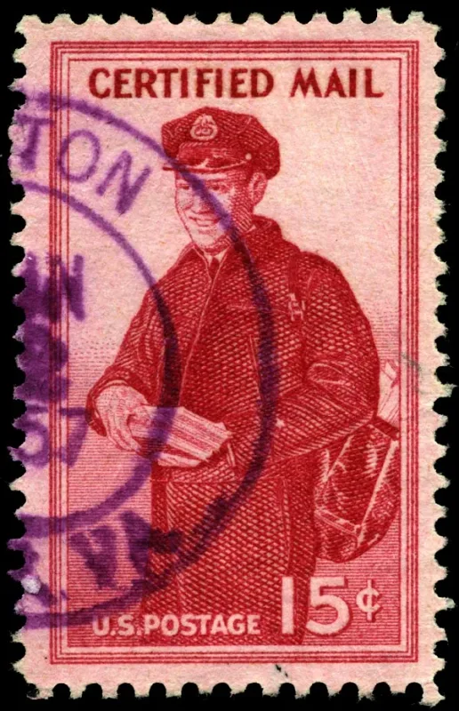 United States 1955 15c certified mail stamp, photographed by a collector