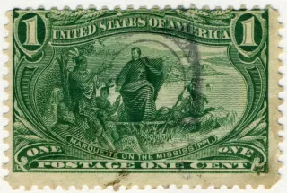 United States 1898 1c Marquette on the Mississippi stamp, photographed by a collector