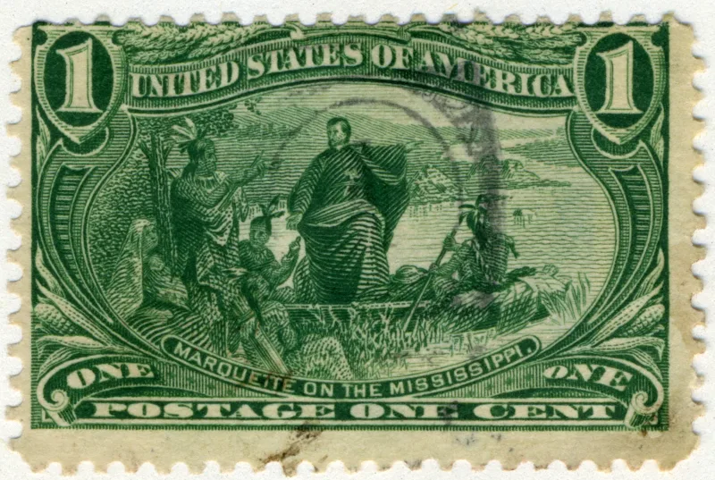 United States 1898 1c Marquette on the Mississippi stamp, photographed by a collector
