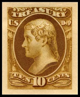 United States 1915 10c Jefferson Treasury stamp, photographed by a collector
