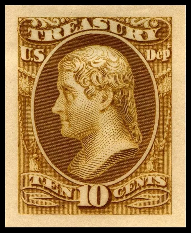 United States 1915 10c Jefferson Treasury stamp, photographed by a collector