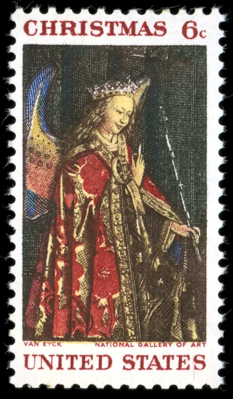 United States 1968 6c Christmas with angel by Jan Van Eyck stamp, photographed by a collector