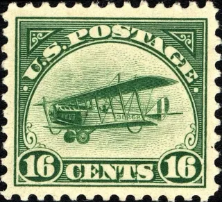 United States 1918 16c Curtis Jenny stamp, photographed by a collector