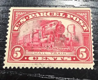 United States 1913 5c Parcel Post Mail train stamp, photographed by a collector