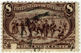 United States 1898 8c Troops Guarding Train stamp, photographed by a collector