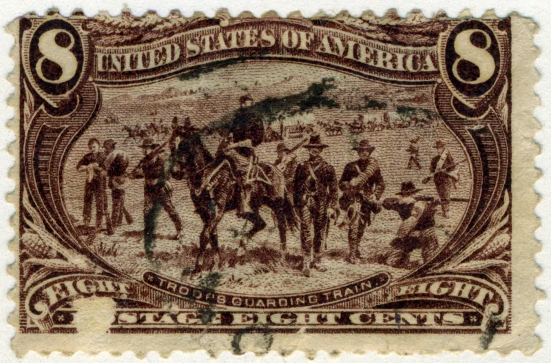 United States 1898 8c Troops Guarding Train stamp, photographed by a collector