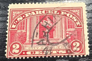 United States 1912 2c Parcel Post straightedge stamp, photographed by a collector
